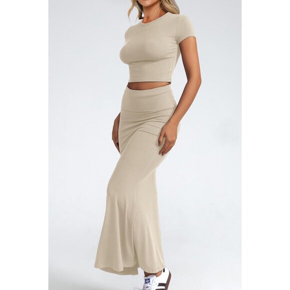 Women's Apricot Two Piece Sets Sleeve Crewneck Cropped Bodycon Outfit Maxi Skirt - Picture 4 of 6